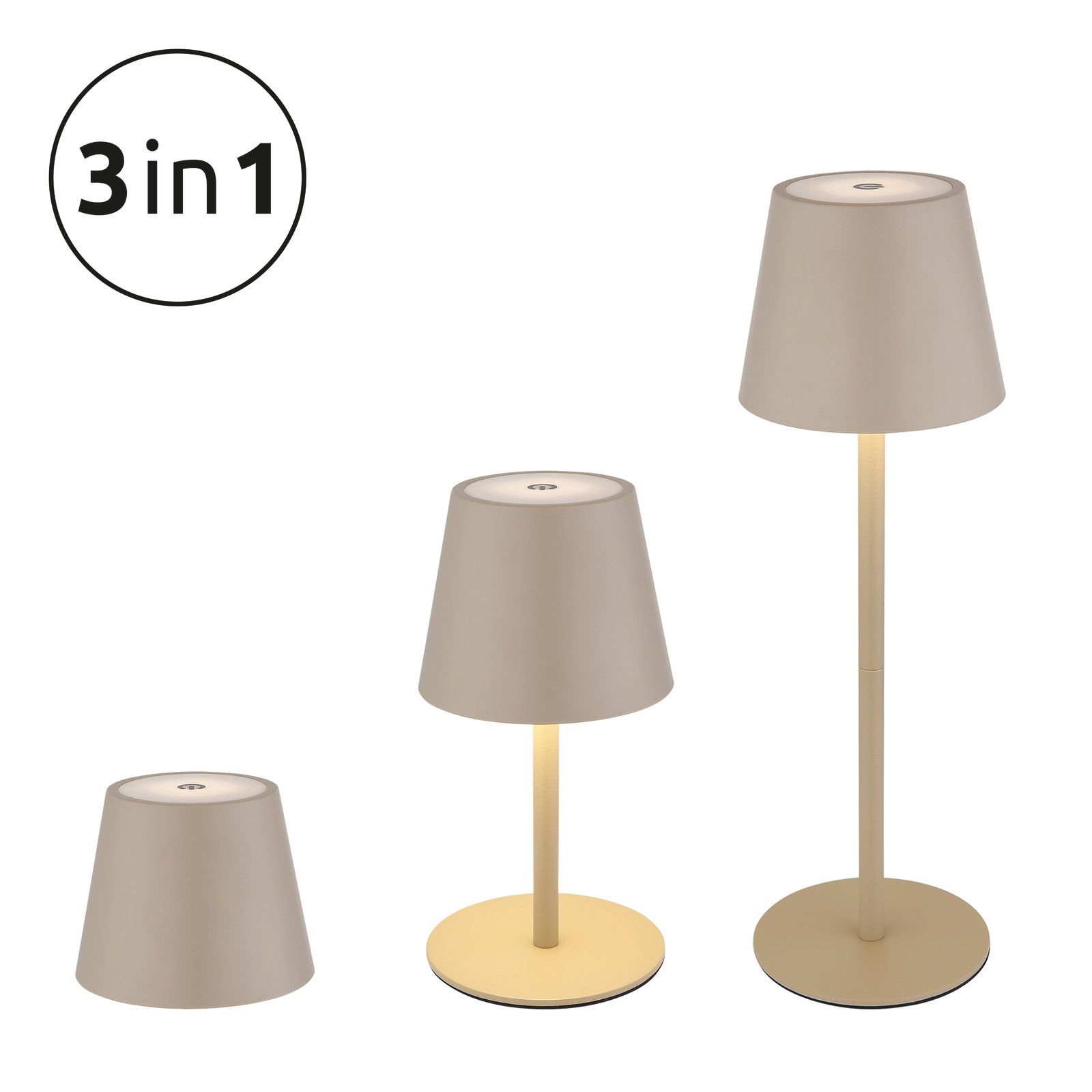 Akku-Tischleuchte VANNIE 3 in 1, beige, in drei verschiedenen Höhen, seitliche Perspektive