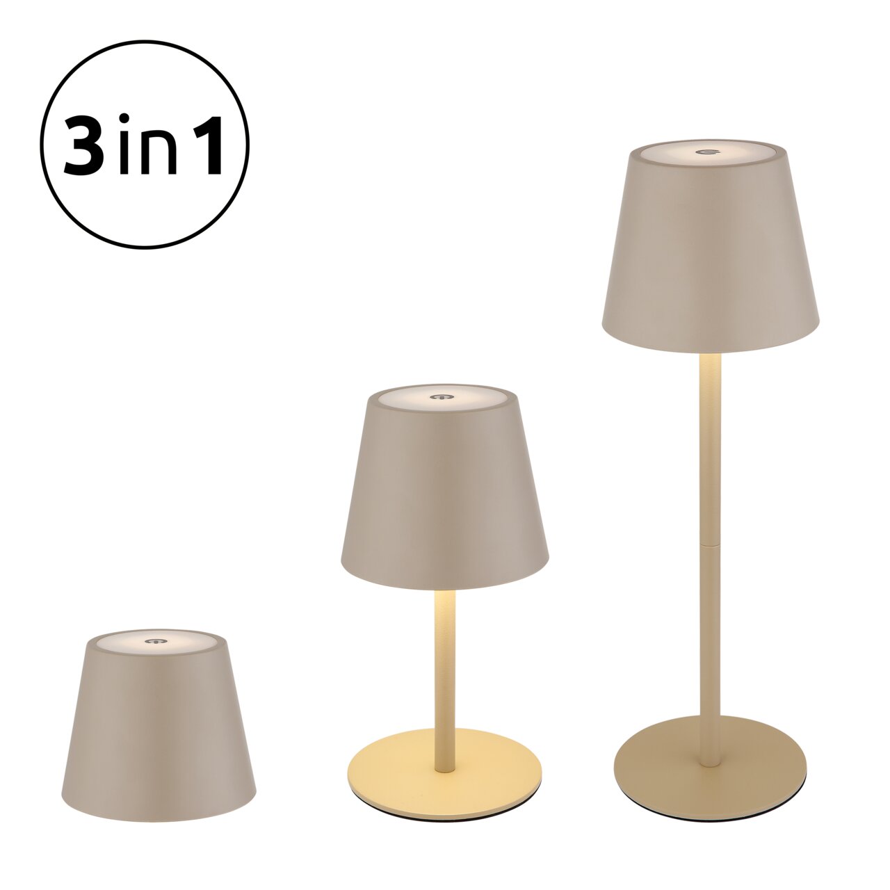 Akku-Tischleuchte VANNIE 3 in 1, beige, in drei verschiedenen Höhen, seitliche Perspektive