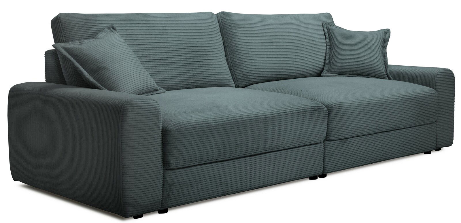 Großes, modernes Big-Sofa in grauer Cordoptik mit zwei passenden Kissen, seitliche Perspektive