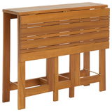 Holzklapptisch in zusammengeklappter Position, seitliche Perspektive