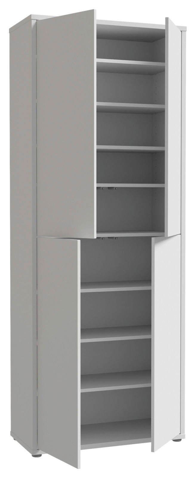 Hochformatiger XL-Schuhschrank mit vier Türen, teilweise geöffnet, zeigt mehrere Regalböden. Perspektive von vorne links.