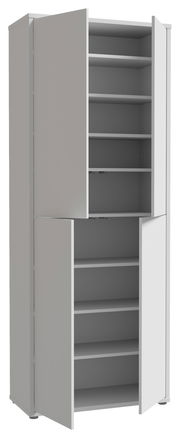 Hochformatiger XL-Schuhschrank mit vier Türen, teilweise geöffnet, zeigt mehrere Regalböden. Perspektive von vorne links.