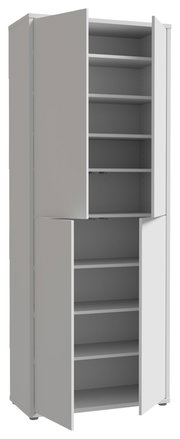 Hochformatiger XL-Schuhschrank mit vier Türen, teilweise geöffnet, zeigt mehrere Regalböden. Perspektive von vorne links.