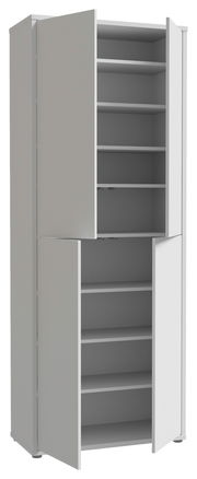 Hochformatiger XL-Schuhschrank mit vier Türen, teilweise geöffnet, zeigt mehrere Regalböden. Perspektive von vorne links.