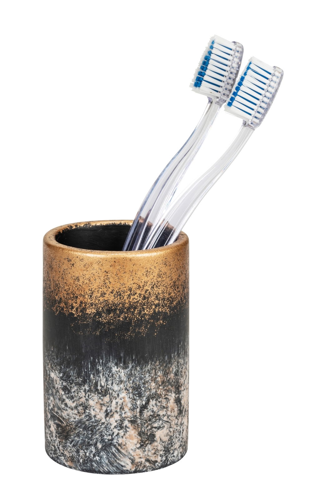 Zahnbürstenhalter Lacona in Marmoroptik mit zwei transparenten Zahnbürsten, seitliche Perspektive