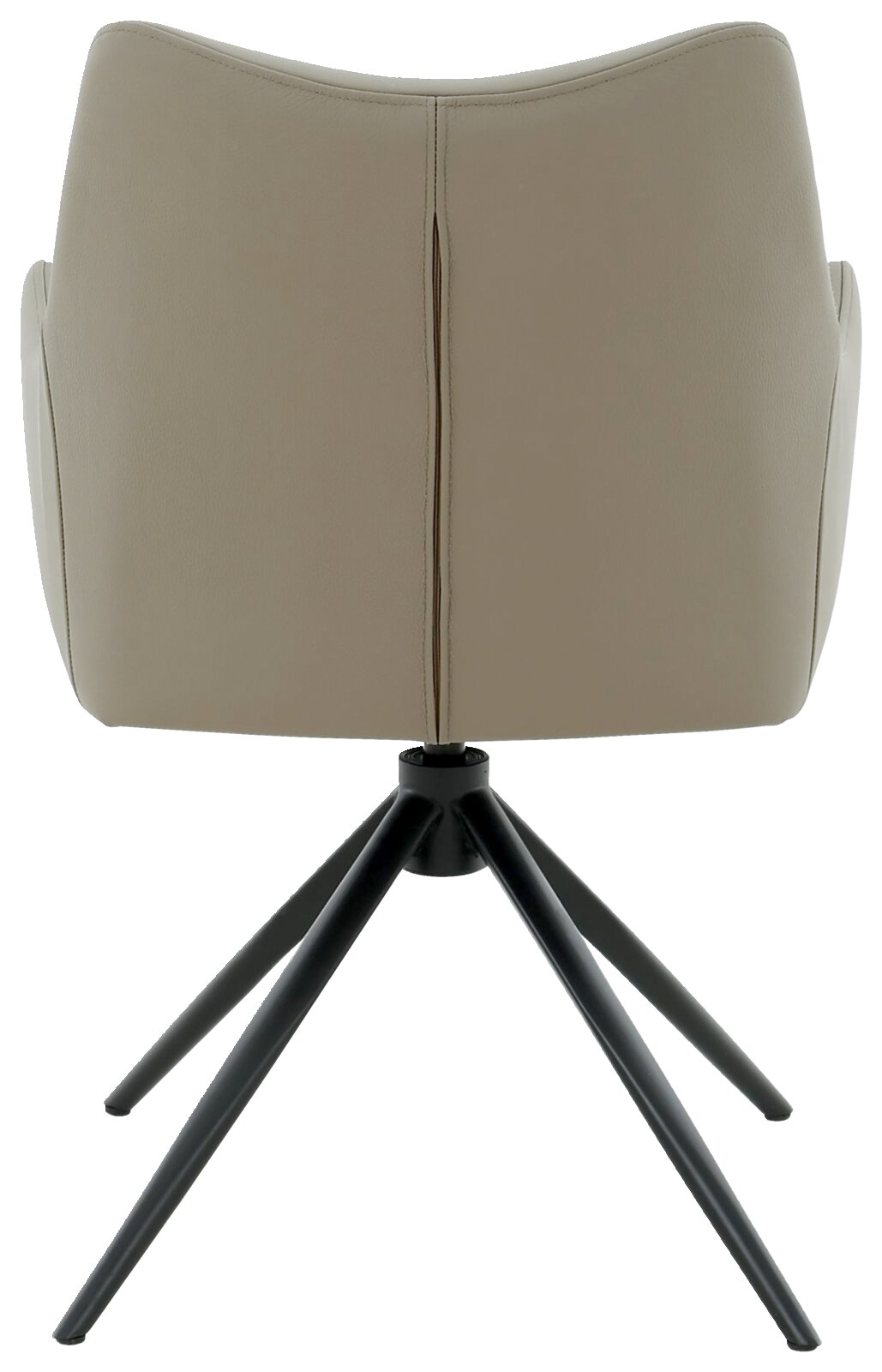 Achterkant van een beige fauteuil met een zwart metalen frame en vier poten