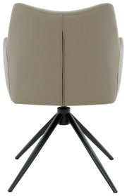 Achterkant van een beige fauteuil met een zwart metalen frame en vier poten