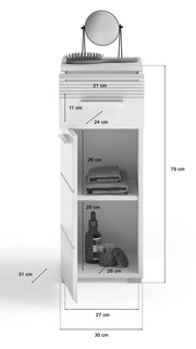 Badezimmerschrank mit offenem Fach und Schublade, inklusive Spiegel und Bürste auf der Oberseite, aus der Perspektive von vorne betrachtet.