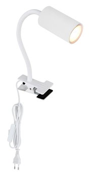 Weißer Klemmstrahler aus Metall mit flexiblem Hals und Kabel, seitliche Perspektive