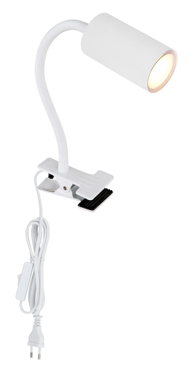 Globo Lighting Klemspot ROBBY Witte metalen spotlamp met klembevestiging, flexibele arm en kabel, zijaanzicht