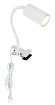 Witte metalen spotlamp met klembevestiging, flexibele arm en kabel, zijaanzicht