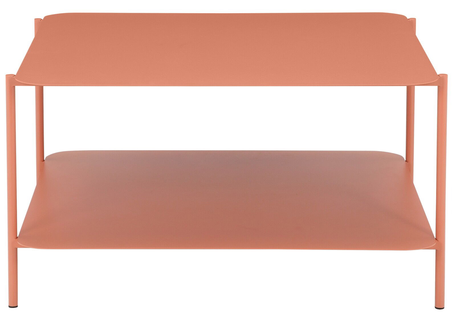 Moderner Beistelltisch in Terrakotta-Farbe mit zwei Ebenen, frontal fotografiert.