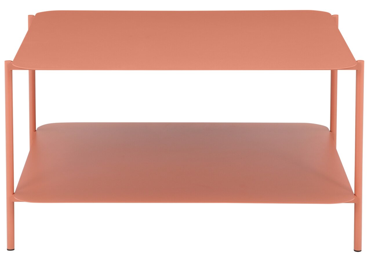 Moderner Beistelltisch in Terrakotta-Farbe mit zwei Ebenen, frontal fotografiert.