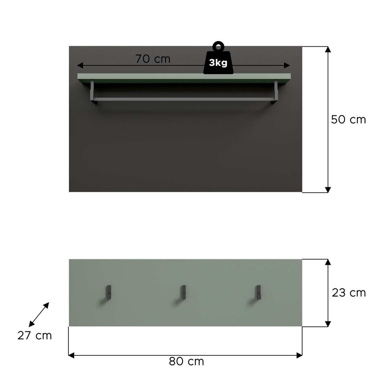 Wandgarderobe in Salbeigrün mit Ablage und Kleiderstange, oben 70 cm breit (bis 3 kg belastbar) und 50 cm hoch; unten Garderobenleiste 80 cm breit, 23 cm hoch und 27 cm tief, Frontansicht.