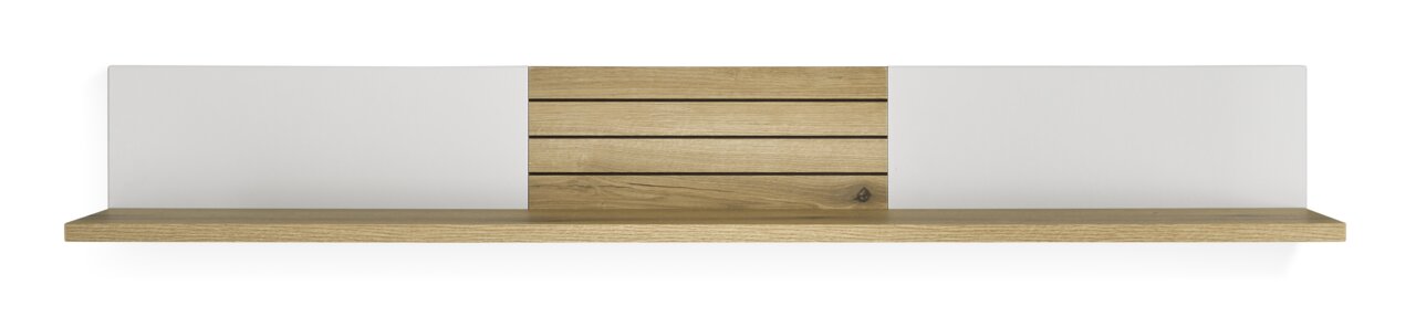 Houten wandplank met een wit en naturel ontwerp, gezien vanaf de voorkant.