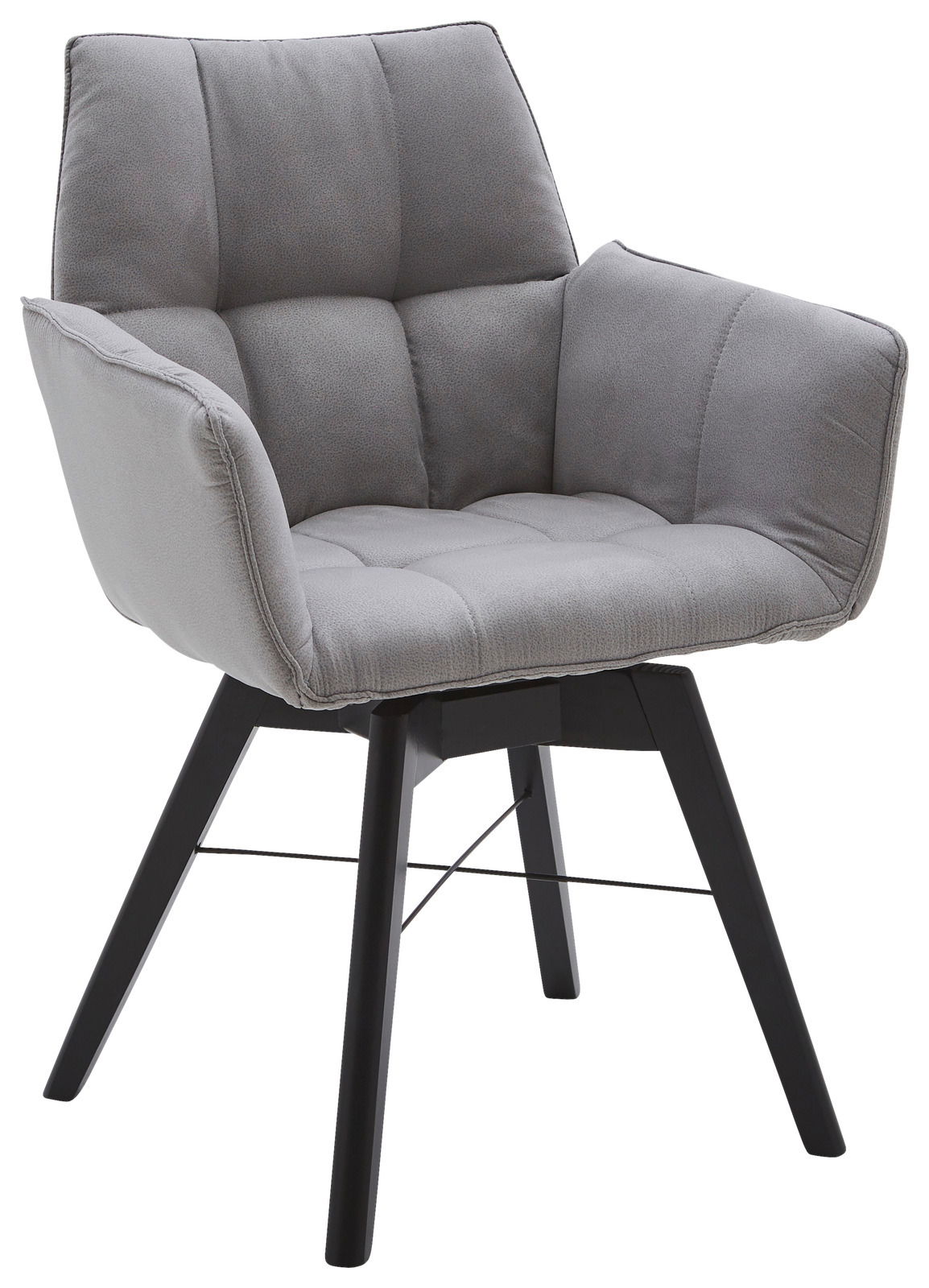 Grauer Armlehnenstuhl mit gepolstertem Sitz und Rückenlehne, seitliche Perspektive