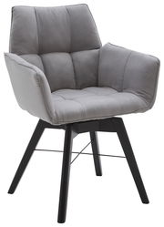 Grauer Armlehnenstuhl mit gepolstertem Sitz und Rückenlehne, seitliche Perspektive