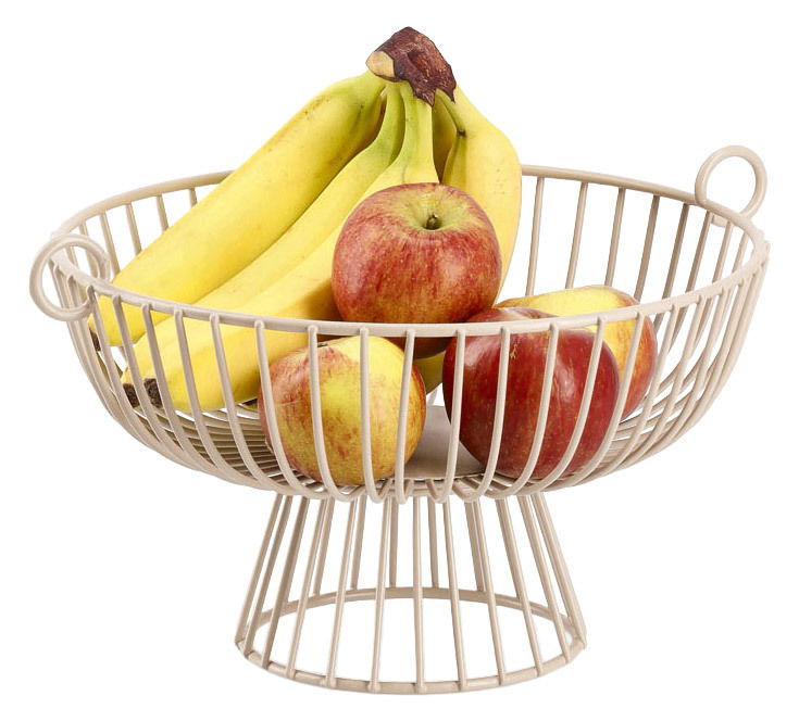 Metallener Obstkorb mit Bananen und Äpfeln, seitliche Perspektive