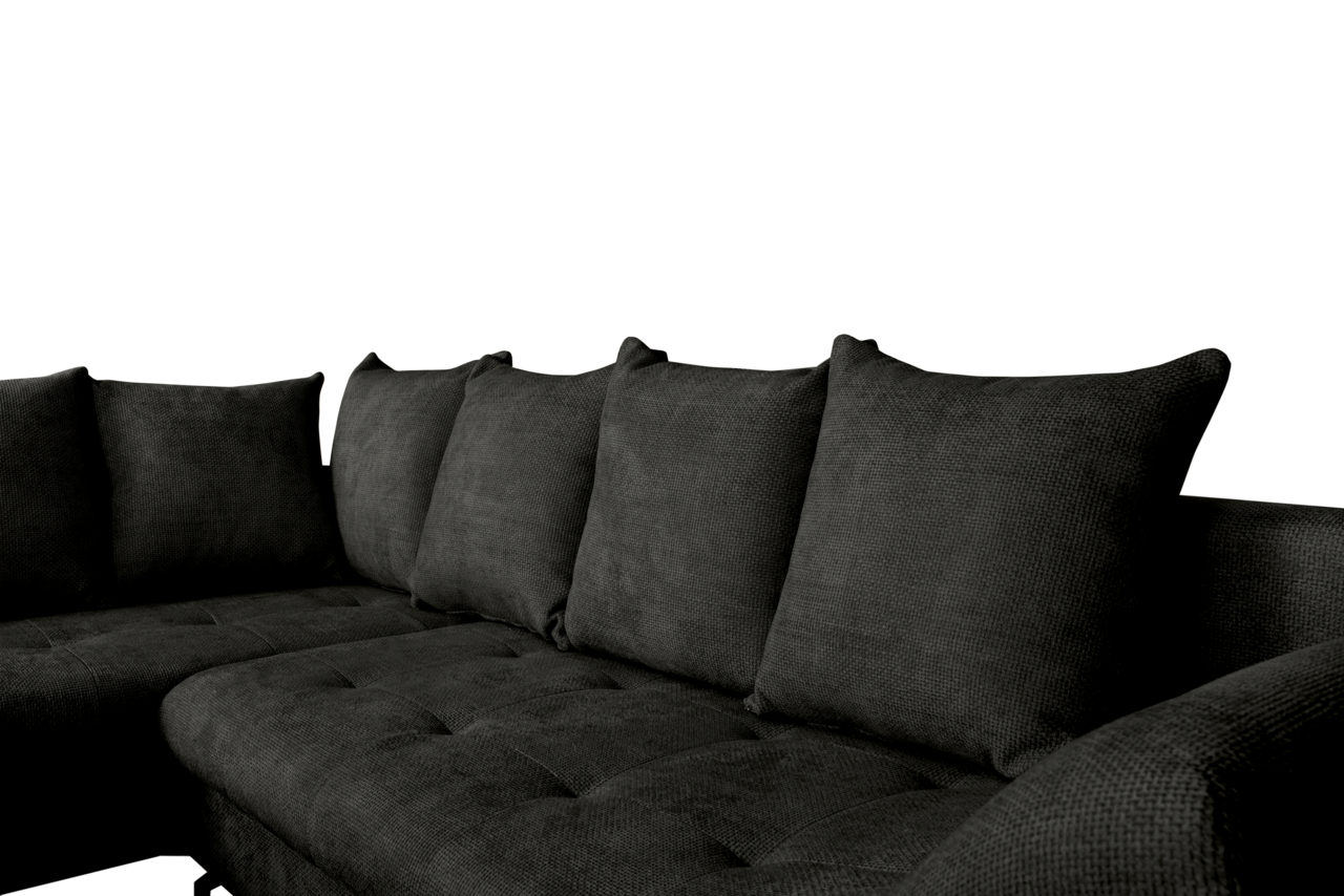 Dunkelgraue Ecksofa mit Ottomane links, seitliche Perspektive