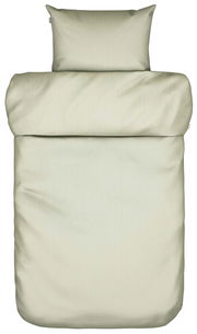 Bettwäsche-Set Marc O'Polo SENJA in Beige, bestehend aus einem Kissenbezug und einem Bettdeckenbezug, aus der Vogelperspektive fotografiert.