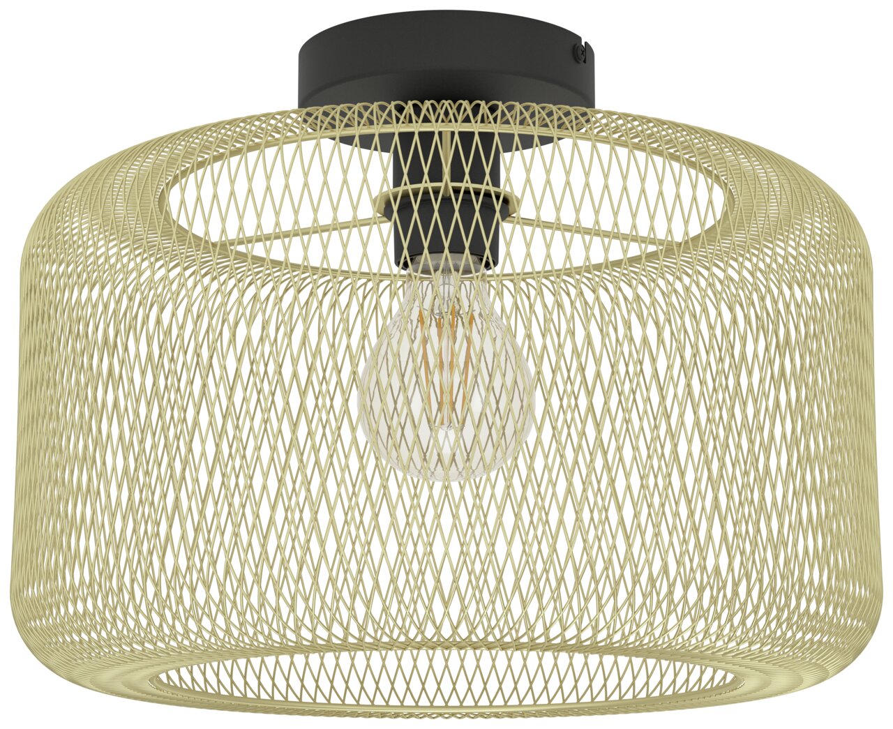 Moderne Deckenleuchte mit schwarzem Sockel und goldfarbenem Drahtgeflecht, seitliche Perspektive