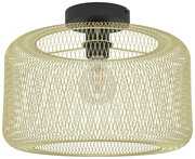 Moderne Deckenleuchte mit schwarzem Sockel und goldfarbenem Drahtgeflecht, seitliche Perspektive