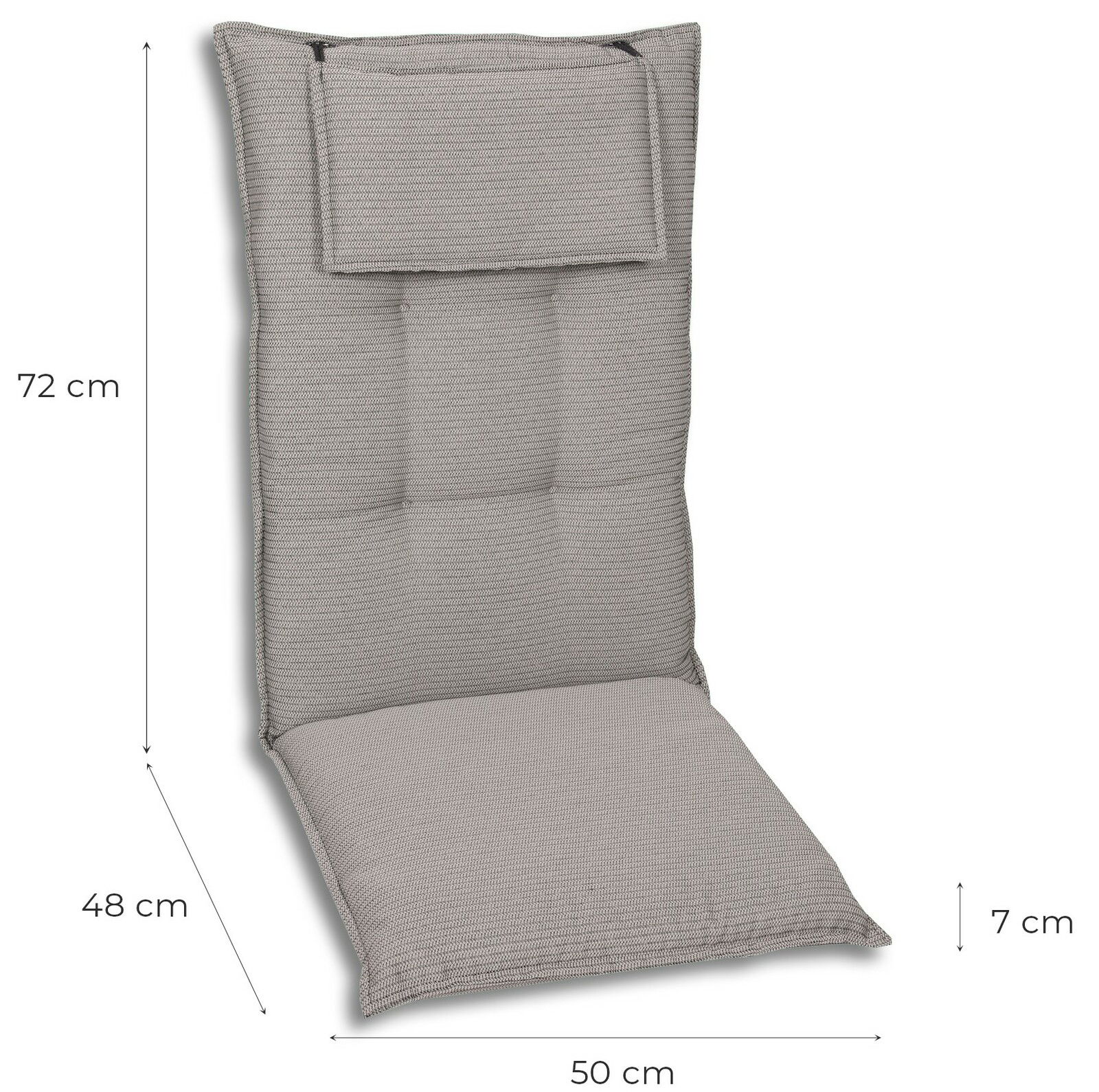 Hochlehnerauflage in Grau, seitliche Perspektive, Maße 72 cm x 50 cm x 7 cm