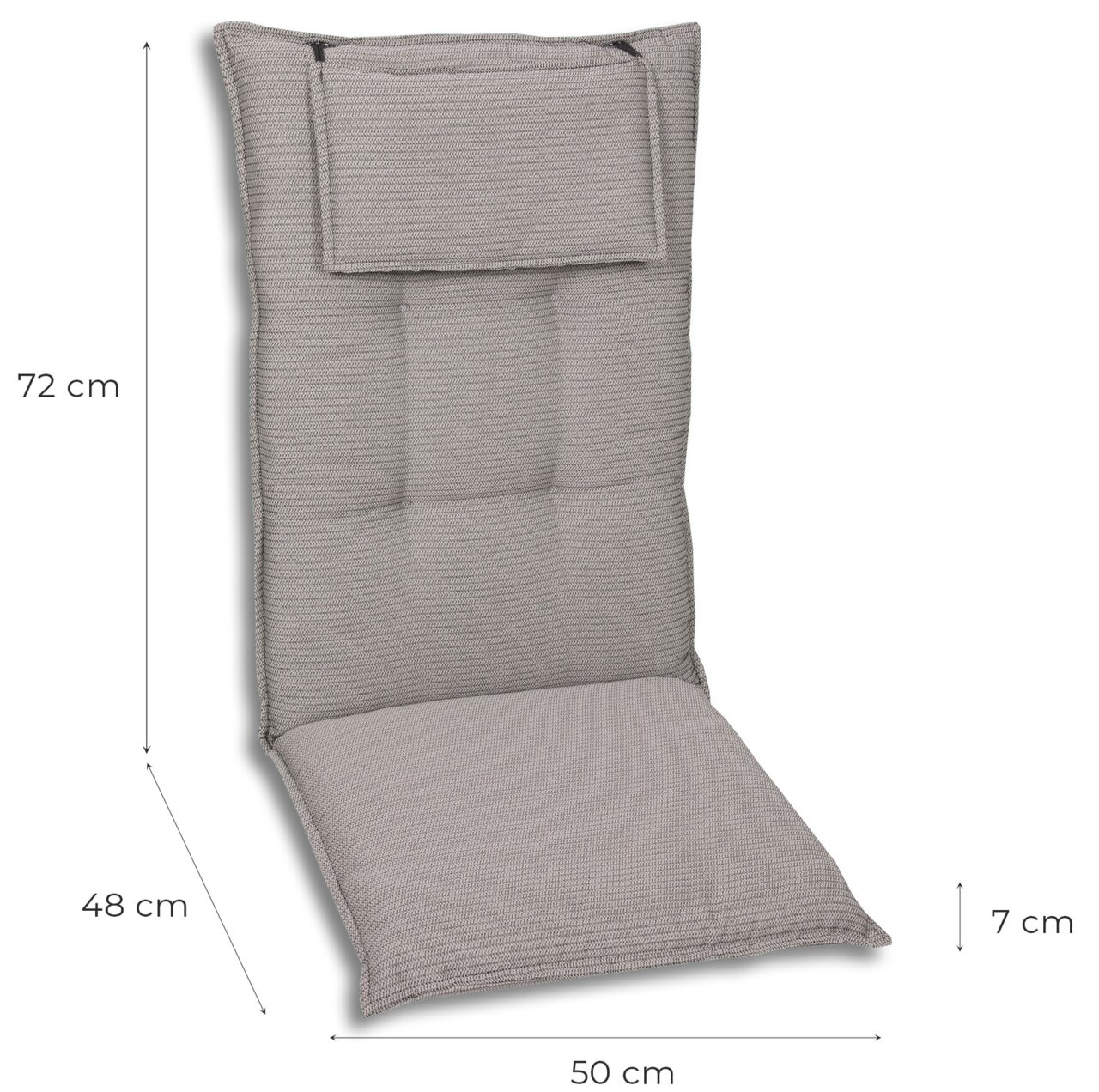 Hochlehnerauflage in Grau, seitliche Perspektive, Maße 72 cm x 50 cm x 7 cm