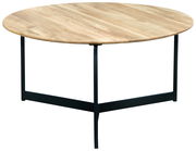 Runder Couchtisch mit Holzplatte und schwarzem Metallgestell, seitliche Perspektive