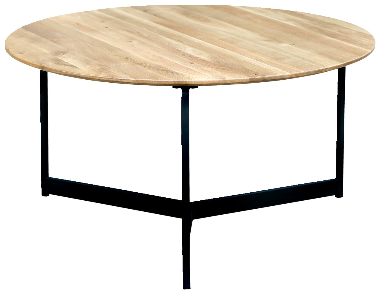 Runder Couchtisch mit Holzplatte und schwarzem Metallgestell, seitliche Perspektive