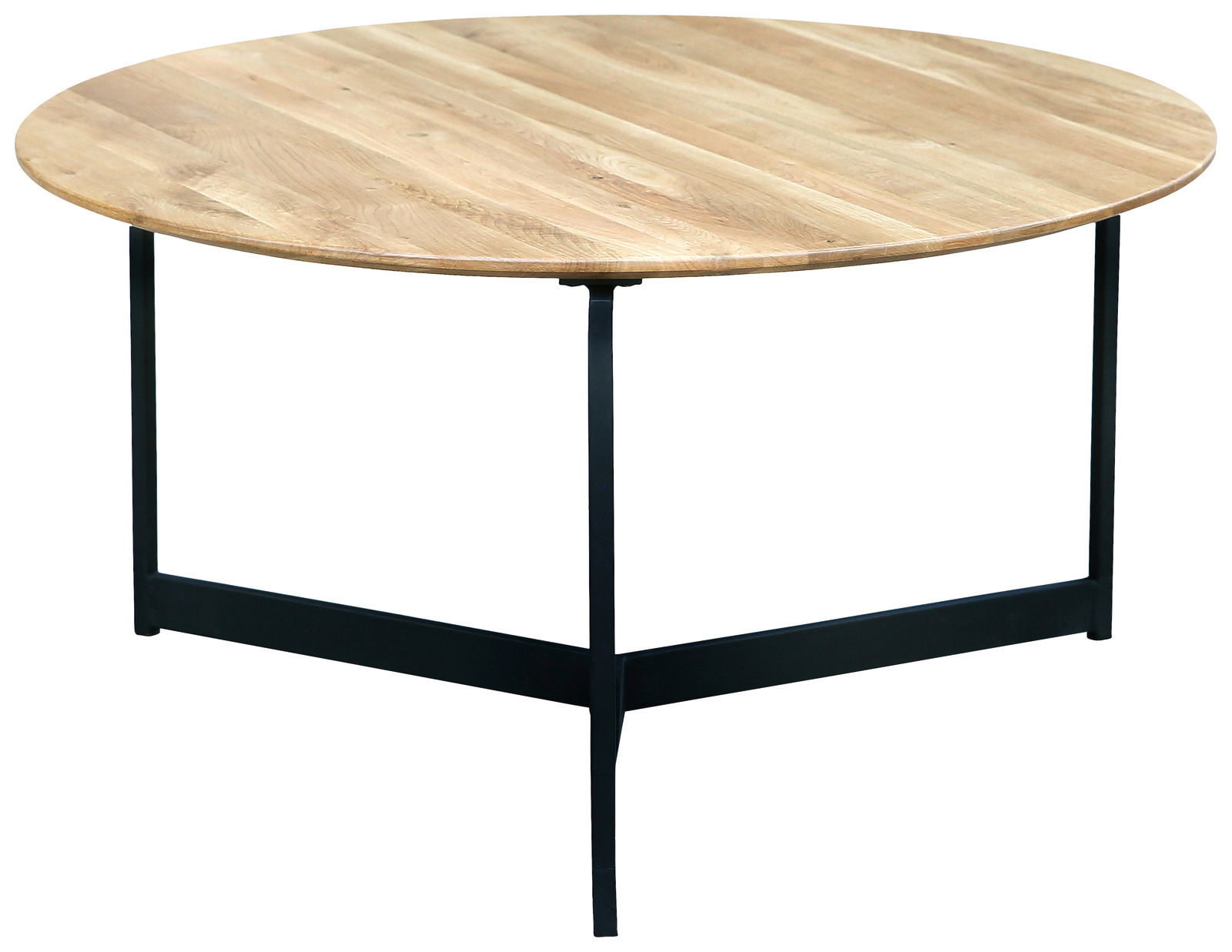 Runder Couchtisch mit Holzplatte und schwarzem Metallgestell, seitliche Perspektive