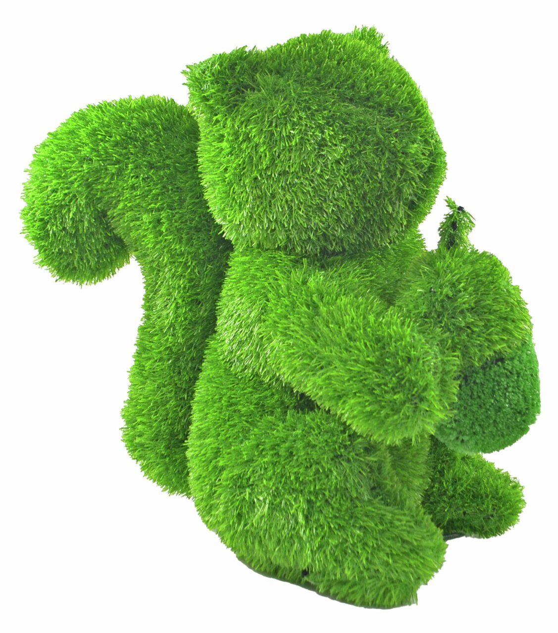 Großes, grünes Eichhörnchen aus Kunstgras, seitliche Perspektive, geeignet als Gartendekoration.