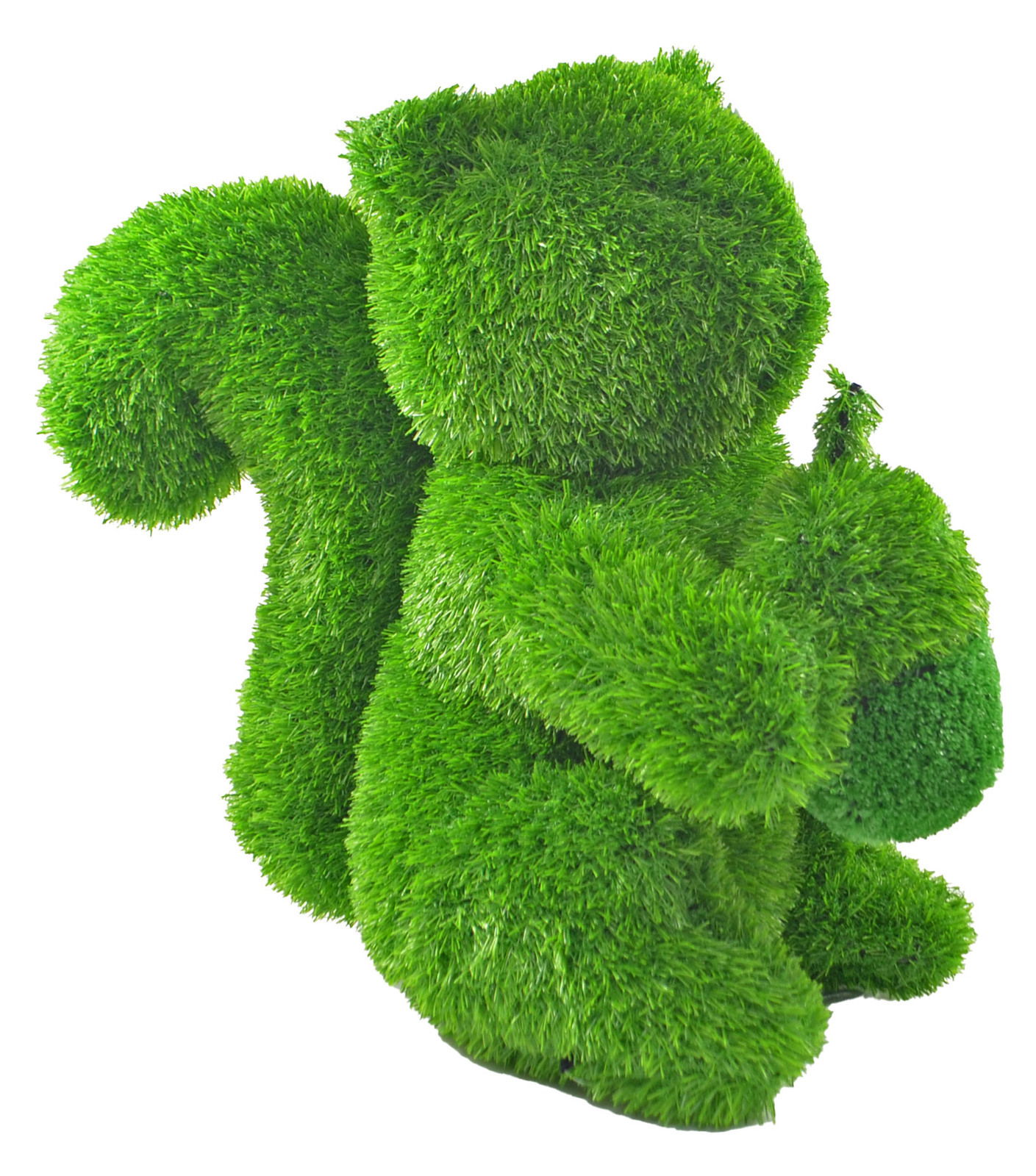 Großes, grünes Eichhörnchen aus Kunstgras, seitliche Perspektive, geeignet als Gartendekoration.