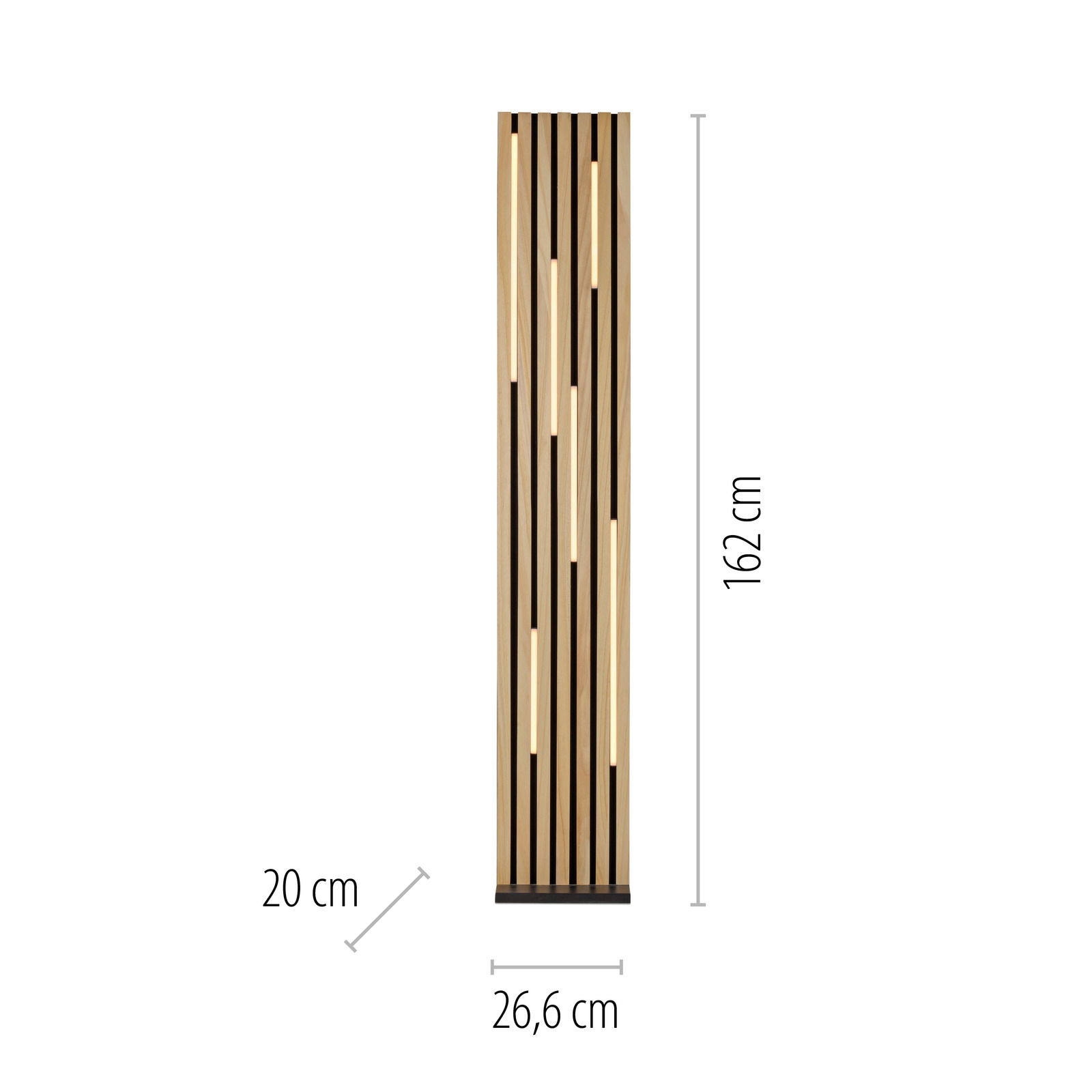 LED-Stehleuchte aus Holz mit vertikalen Streifen, Vorderansicht, 162 cm hoch, 26,6 cm breit, 20 cm tief.