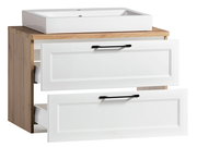 Waschtisch-Set mit weißem Waschbecken und Holzunterschrank, Frontansicht