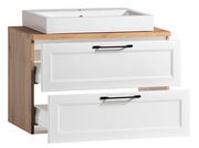 Waschtisch-Set mit weißem Waschbecken und Holzunterschrank, Frontansicht