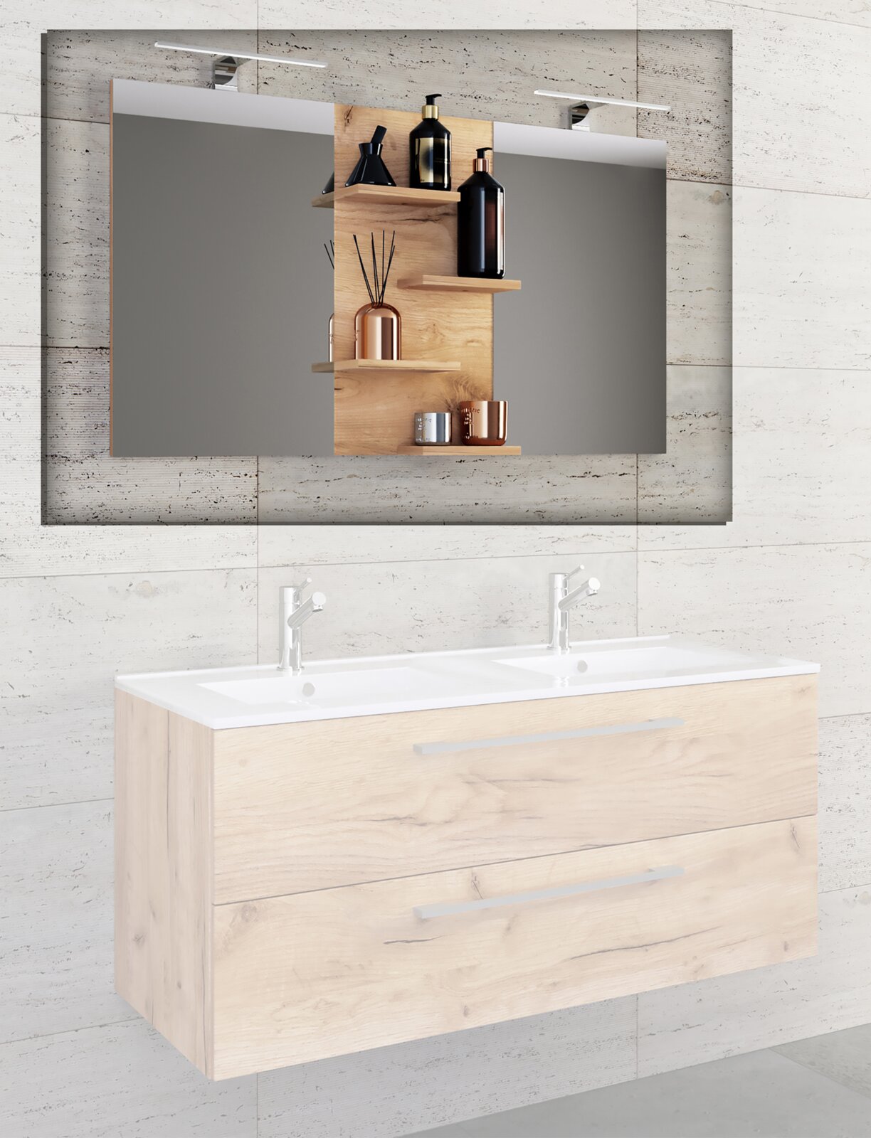 Modernes Badmöbel-Set mit wandhängendem Doppelwaschtisch in heller Holzoptik, zwei Schubladen und weißen Aufsatzbecken; darüber großer Spiegelschrank mit offenen Holzregalen und Dekoration, frontal aus leicht erhöhter Perspektive.