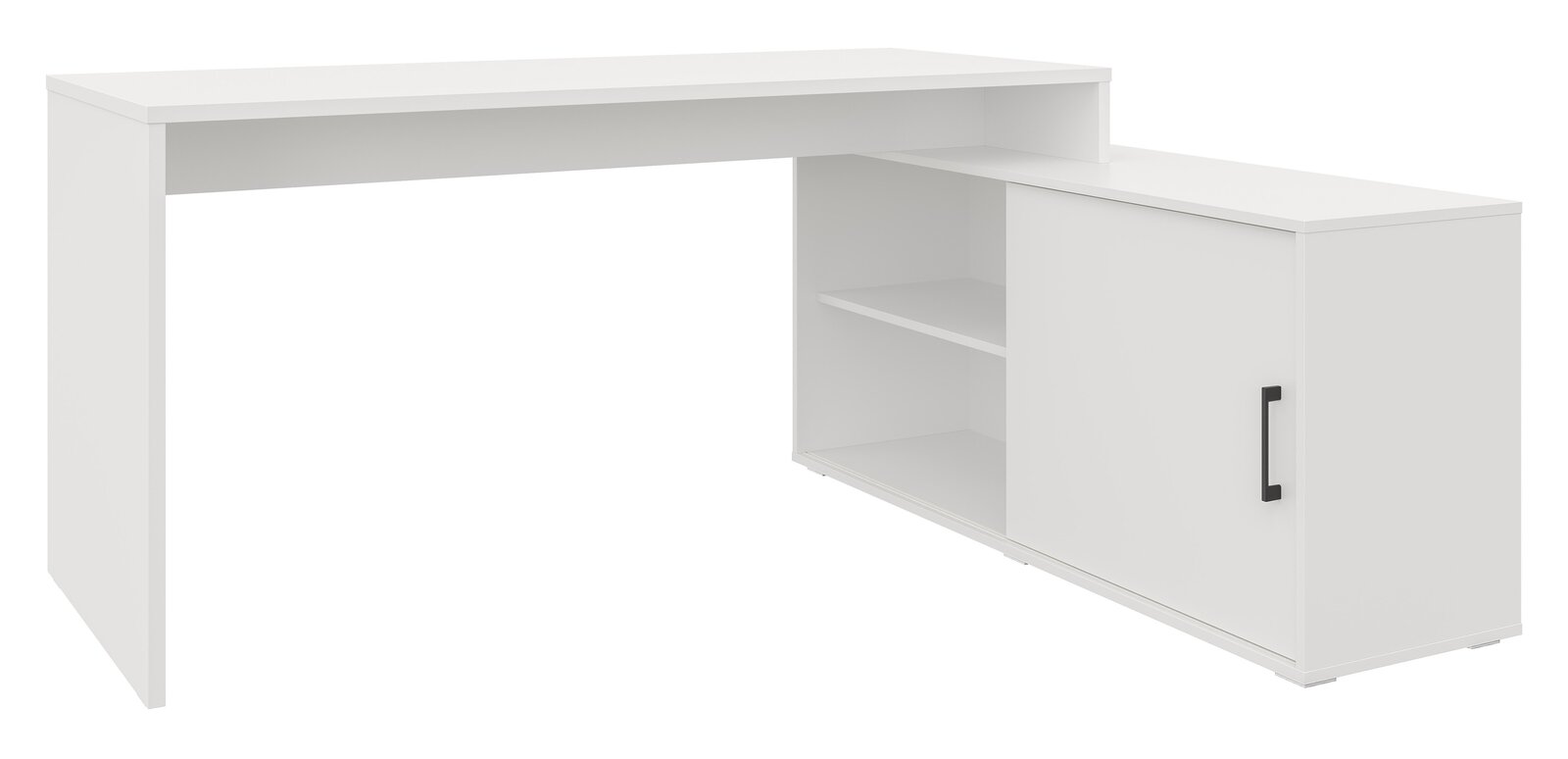 Weißer Schreibtisch mit seitlichem Stauraum, offenem Regal und Schranktür mit schwarzem Griff, in schräger Frontansicht von links auf weißem Hintergrund