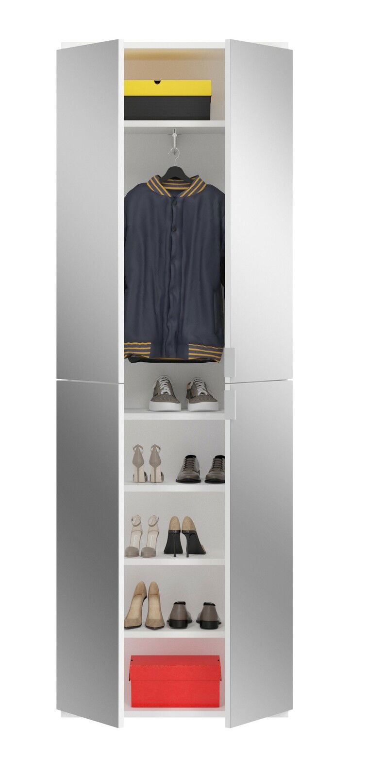 Garderobenkombination mit geöffneter Tür, zeigt Jacke, Schuhe und Aufbewahrungsboxen, Frontalansicht.