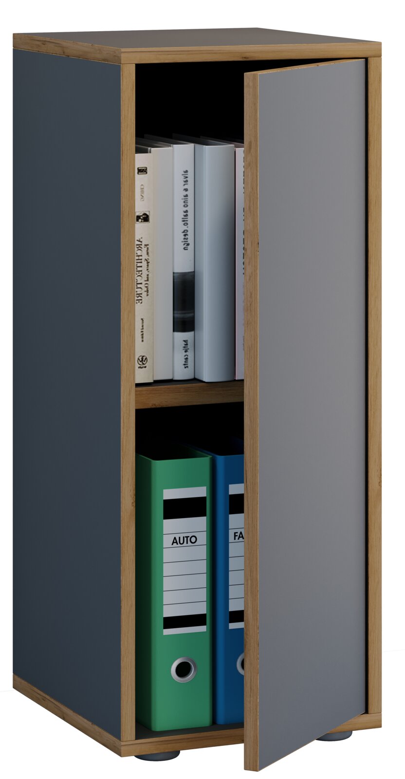 Schmaler Aktenschrank/Regalschrank in Anthrazit mit Holzrahmen und geöffneter grauer Tür, innen Ordner und Bücher, perspektivische Ansicht schräg von vorn