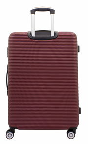 Burgunderfarbener Trolley mit gerippter Oberfläche, Vorderansicht, mit ausziehbarem Griff und vier Rollen.