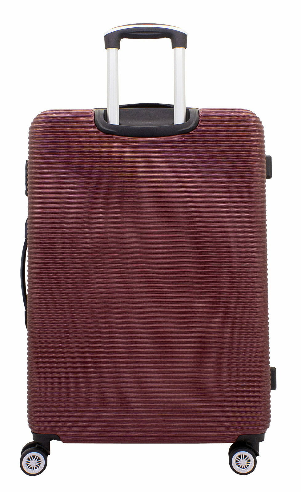 Burgunderfarbener Trolley mit gerippter Oberfläche, Vorderansicht, mit ausziehbarem Griff und vier Rollen.