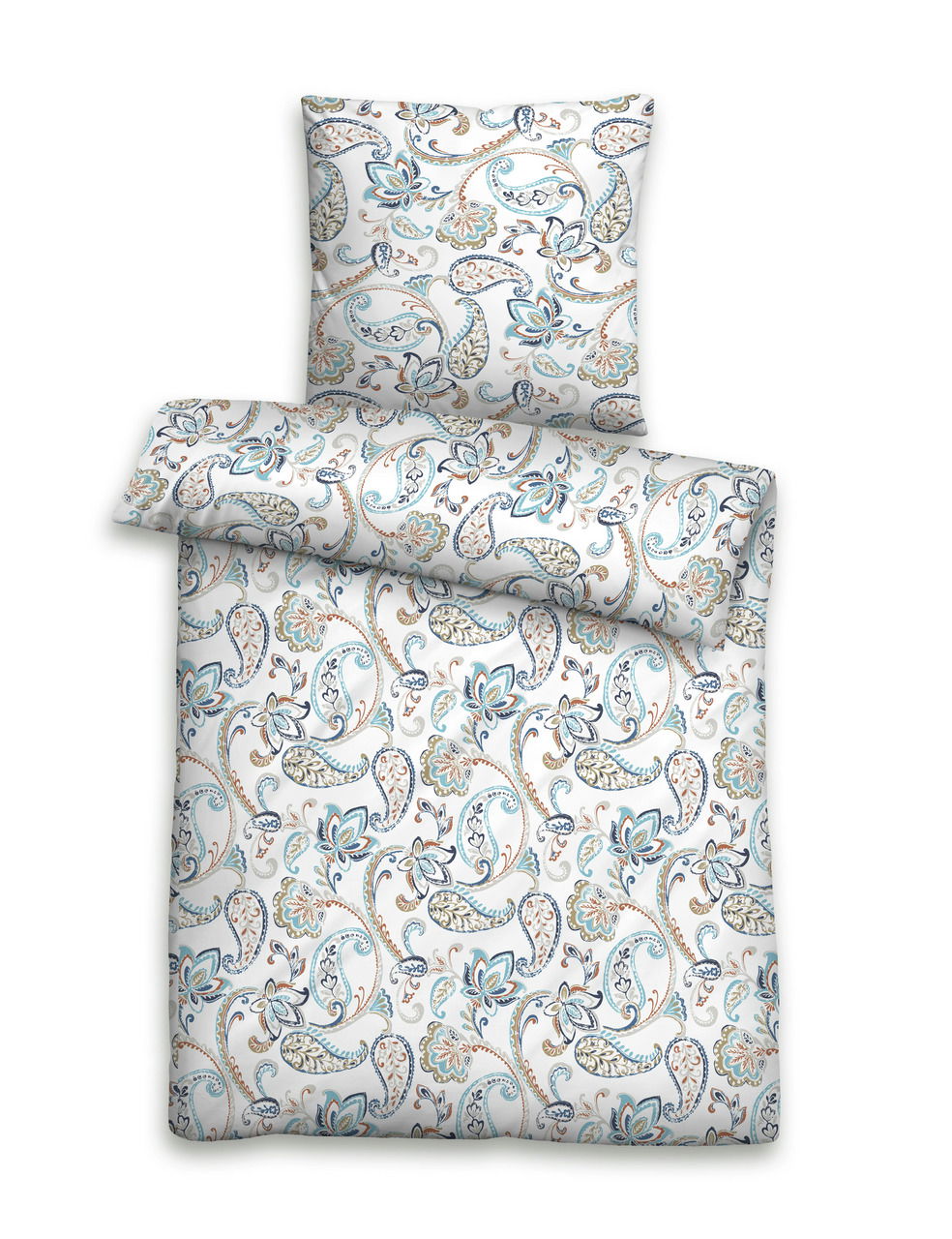 Satin Bettwäsche 135x200cm mit floralem Paisley-Muster in Blau- und Beigetönen, Draufsicht