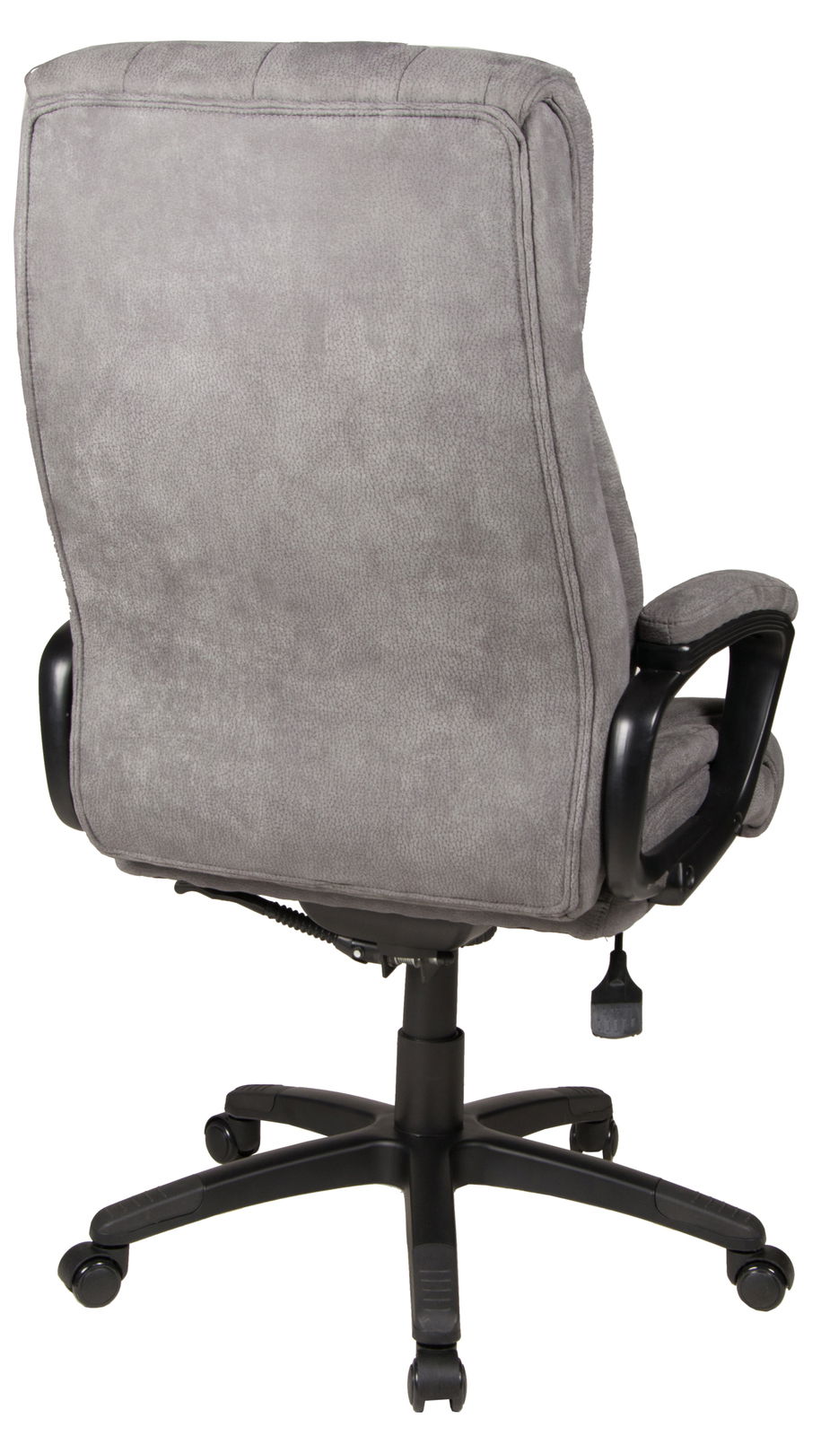 Rückansicht eines grauen Chefsessels mit gepolsterter Rückenlehne und Armlehnen, auf einem schwarzen Drehfuß mit Rollen.