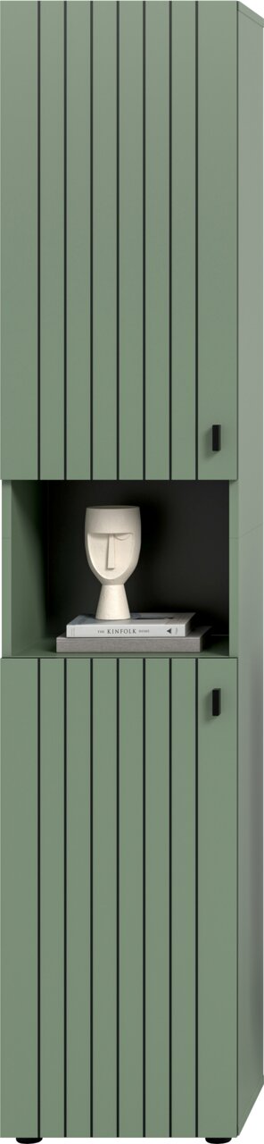 Grüner, hoher Schrank mit vertikalen Lamellenfronten und schwarzem Griff, mittigem offenen Fach mit Deko (Skulptur auf Büchern), Frontansicht