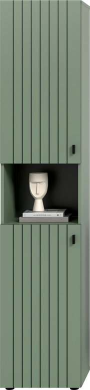 Grüner, hoher Schrank mit vertikalen Lamellenfronten und schwarzem Griff, mittigem offenen Fach mit Deko (Skulptur auf Büchern), Frontansicht
