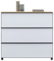 Vooraanzicht van een moderne XL-schoenenkast met drie lades, versierd met twee vazen en boeken op de bovenkant.