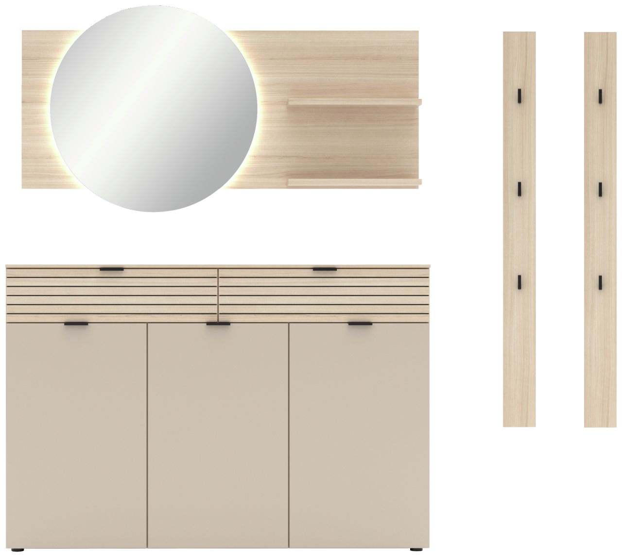 Voleo Garderoben-Set 4-tlg. INA Garderoben-Set 4-tlg. in heller Holzoptik mit rundem Spiegel, Schrank und zwei Paneelen, frontale Ansicht