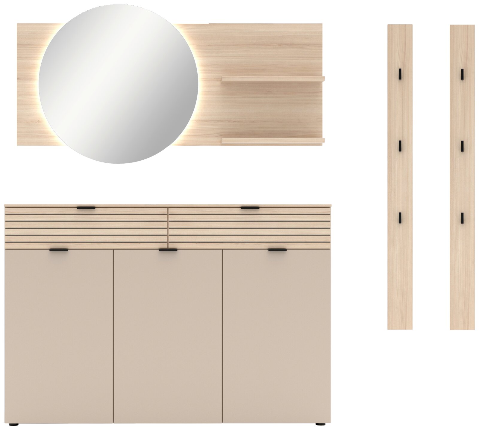 Garderoben-Set 4-tlg. in heller Holzoptik mit rundem Spiegel, Schrank und zwei Paneelen, frontale Ansicht