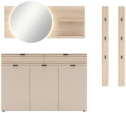 Garderobeset (4-delig) in lichte houtlook met ronde spiegel, kast en twee panelen, vooraanzicht